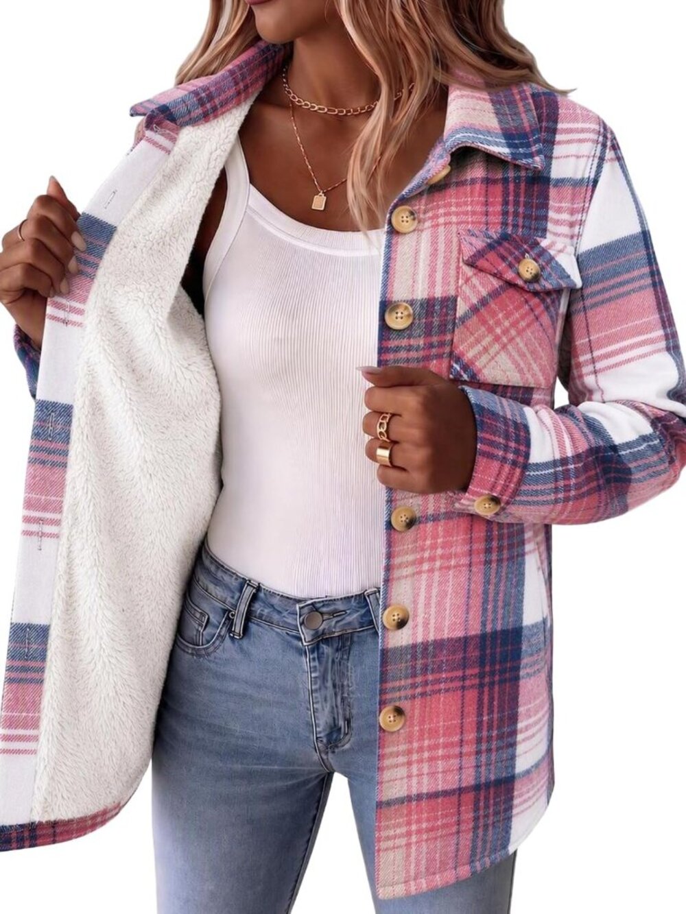 Cozy Sherpa Fleece Lined Flannel Jacket for Women | Winter Plaid Coat
